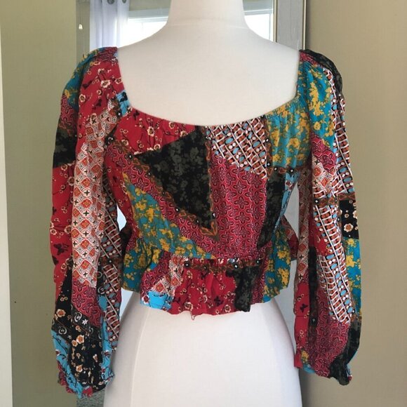 Off Shoulder Ruffle Patchwork Ruffle Crop Top Large - Picture 4 of 10